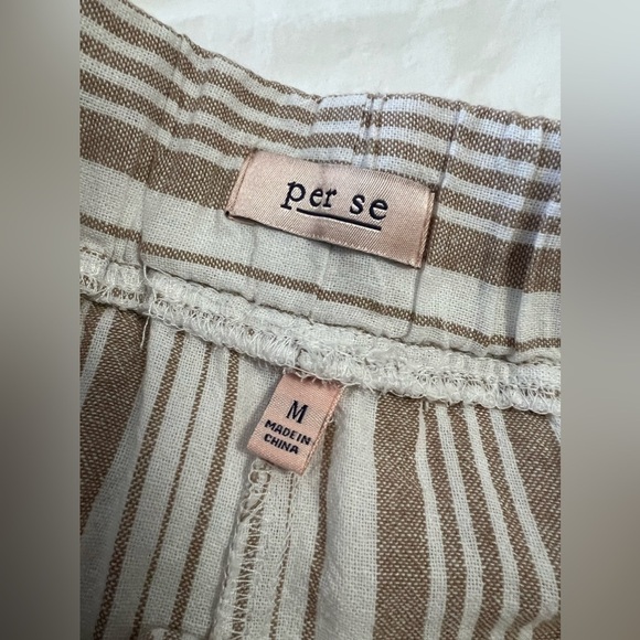 Per Se | Women's SZ M | Khaki White Thin Stripe Pull On Drawstring Linen Jogger - Picture 3 of 8
